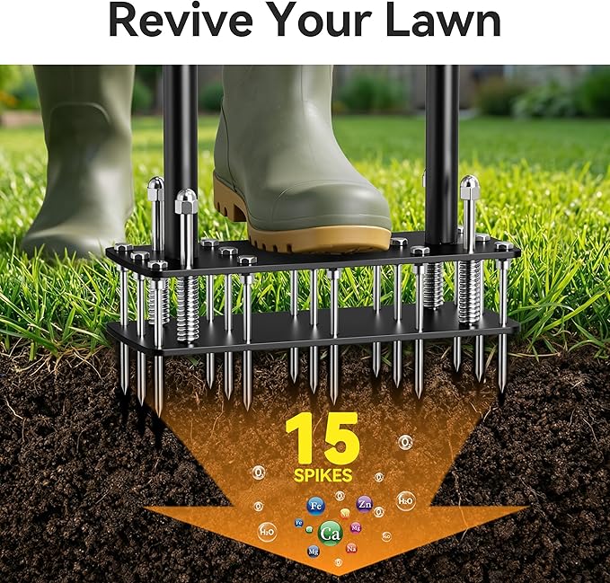 Manual Lawn Aerator Tool - 15 Heavy-Duty Steel Spikes, Ergonomic Padded Handle, Spring-Loaded Auto-Clean Design, Pre-Assembled for Soil Loosening & Lawn Health, Garden/Yard Aeration Tool