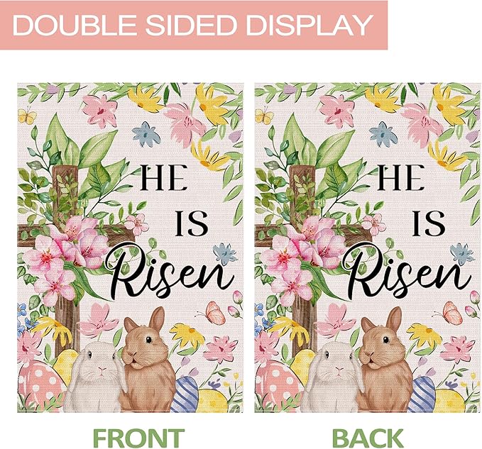 Easter Bunny Flag 12x18 Inch Double Sided Outside, He Is Risen Easter Flag Lamb Flowers Cross Decorations Outdoor Yard Burlap