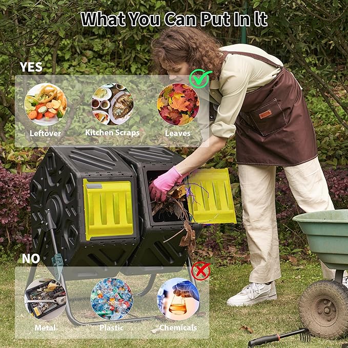 Compost Bin Outdoor, 2 Separate Tumbling Chambers, 37Gal Lagre Compost Tumbler with Sliding Door and Aeration System, 360° Rotating, Tumbling Composter Bin for Kitchen, Garden, Yard, Black Yellow
