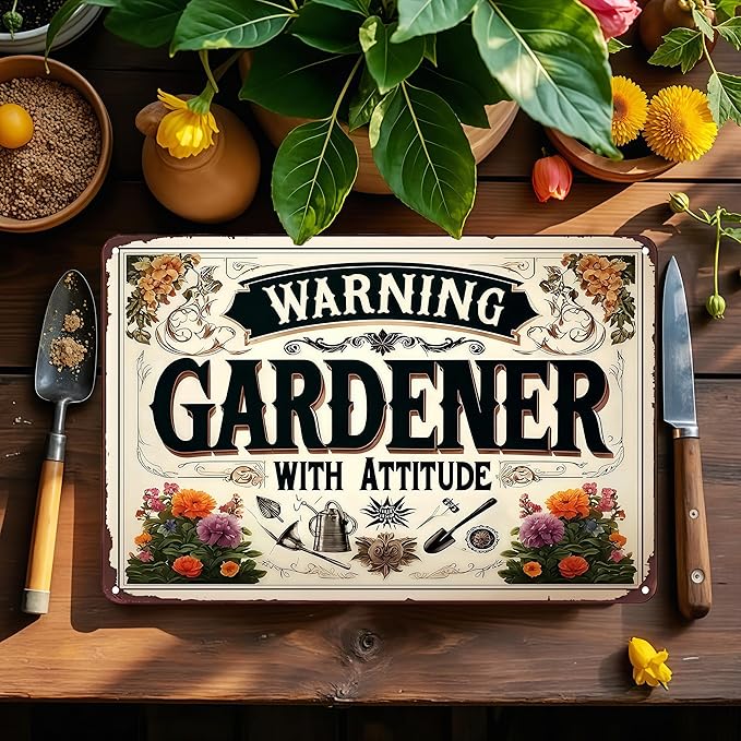 Funnysign Garden Gifts Warning Gardener with Attitude Vintage Tin Sign for Home Garden Patio Yard Decor 8 X 12 Inch (3984)
