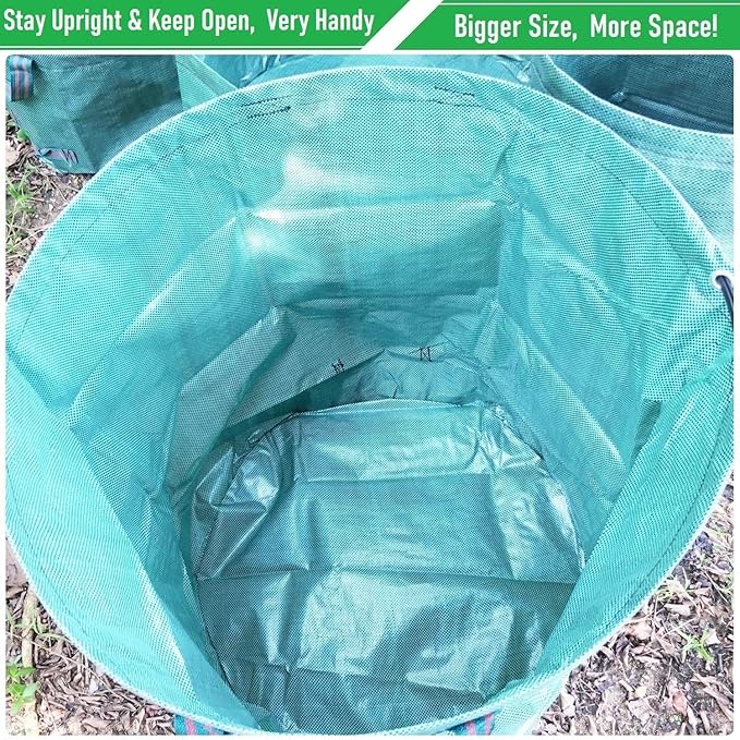 Standard 3-Pack 46 Gallon Lawn Garden Bags (D26,H19 inch) Yard Waste Bags W/Gardening Gloves for Leaf Bag,Yard Debris,Garden Trash Container,Camping Waste Bin,Lawn Grass Clippings,Weeds Bag 4 Handles