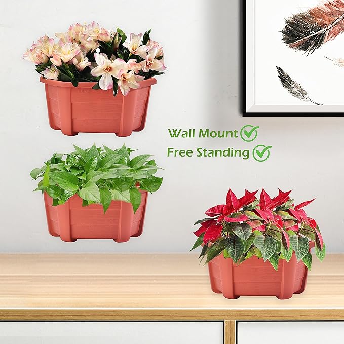 ORIMERC 9.8 inch 8 Pack Brick Red Wall Hanging Planters for Indoor Outdoor Plants Hanging Plant Holder with Drainage Hole Fence Balcony Planters Railing Hanging Pot Plant Wall Mount Decor with Hooks