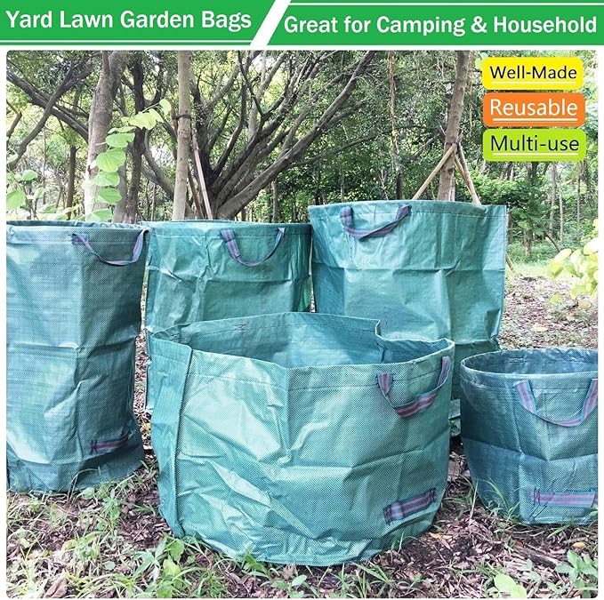 Professional 2-Pack 63 Gallon Lawn Garden Bags Big (D31,H19 in) Yard Waste Bags with Gardening Gloves for Reusable Leaf Bag,Garden Trash Containers,Lawn Weeds,Grass Clippings,Yard Debris Bag 4 Handles