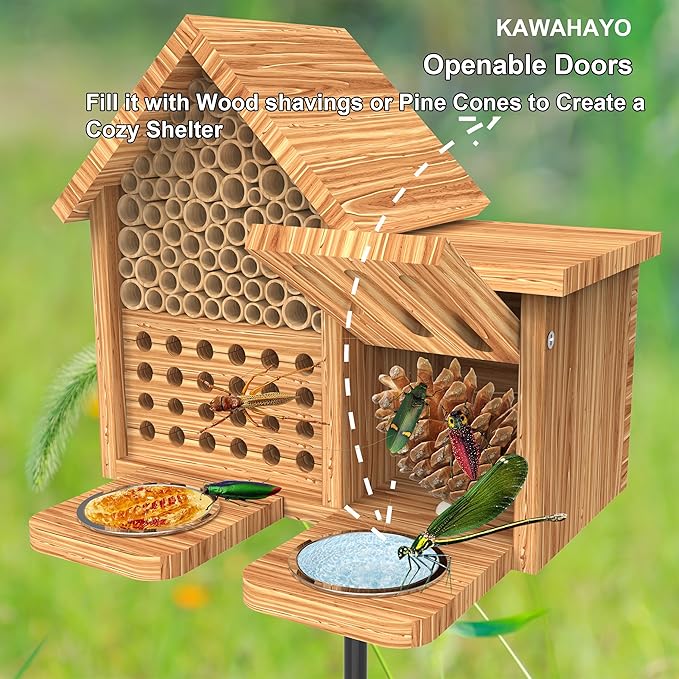 Mason Bee House Wooden Butterfly House with Feeders and Metal Stake, Insect Hotel for Garden Backyard, Natural Handmade Waterproof Bugs House, Attracts Bee, Butterfly, Ladybirds Pollinators