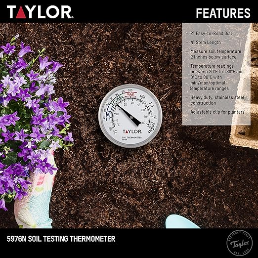Taylor Soil Testing Thermometer, Gardening Tool for Plant Care, Gardening, Lawn, Farm, Outdoor Use, 4" Inch Stem
