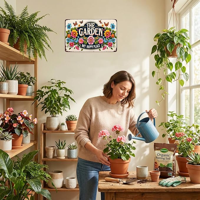 Plants Gifts The Garden My Happy Place Vintage Tin Sign for Garden Patio Porch Yard She Shed Decor 8x12 Inch (3902)