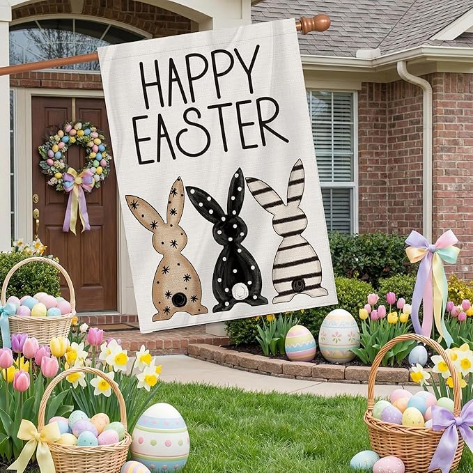 Easter Flag 28x40 Inch Double Sided Outside, Black Bunnies Flag Burlap Happy Easter Welcome Yard Decorations Outdoor