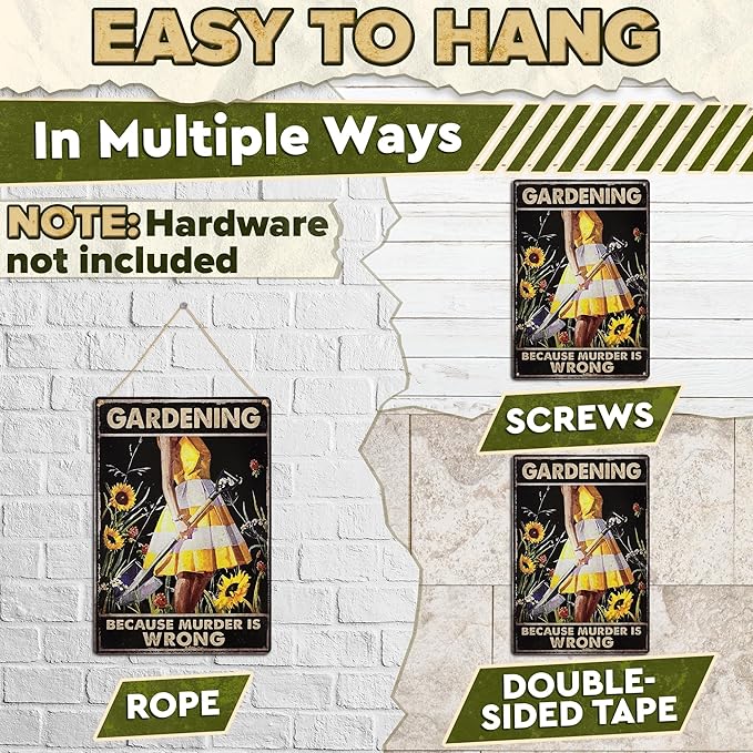 Funny Garden Signs for Outside - Gardening Because Murder is Wrong Sign 8x12 In Vintage Funny Metal Signs for Outside - Unique Gardening Gifts for Women | Gardener's Backyard, Patio and Porch Decor