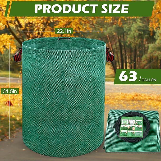63 Gallons Lawn and Leaf Bags,Reusable Yard Waste Bags with Gardening Gloves,Heavy Duty Garden Bags with 4 Handles for Lawn Care, Camping & Recycling(3 Pack）