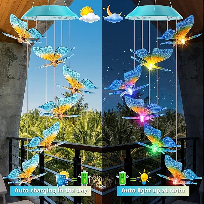 Solar Butterfly Gift for Mom Girls, Color Changing Christmas Wind Chimes for Outside, Solar Outdoor Decorative Mobile Lights for Garden, Yard, Patio, Window, Christmas Decorations, Gift for Women