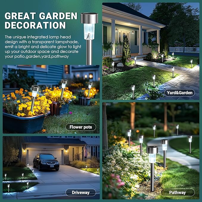 GIGALUMI Solar Lights Outdoor Waterproof, 12 Pack, Stainless Steel LED Solar Garden Lights for Patio, Lawn, Yard and Landscape, Cold White