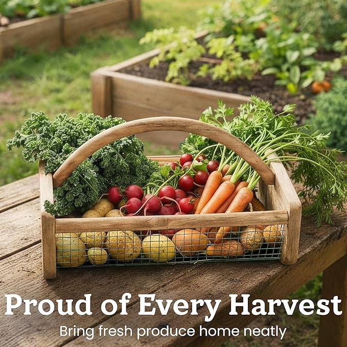 HOMESTEAD Garden Hod Harvest Basket, Durable Acacia Wood Frame with Rotating Handle, Farmhouse Basket for Home Improvement, Gardening, Farm, Kitchen, Indoor Outdoor Use