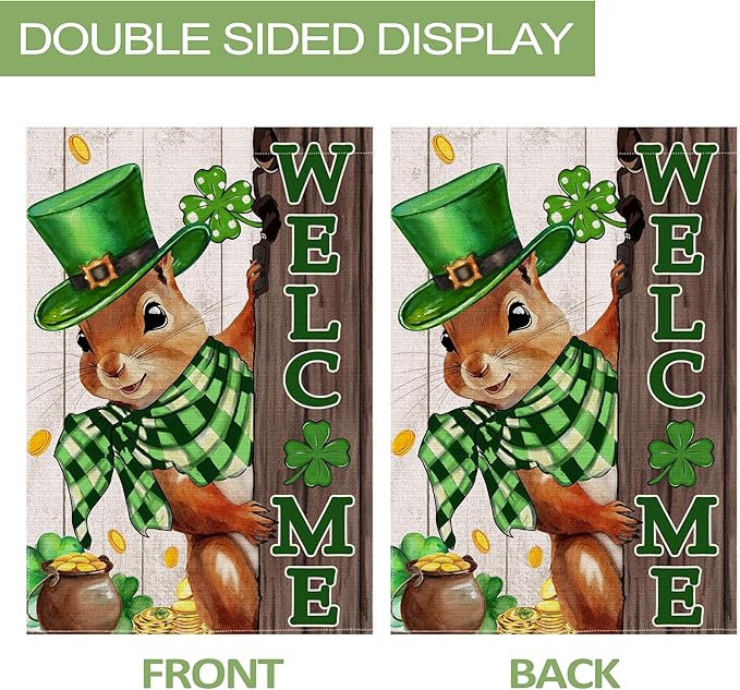 St Patricks Day Garden Flag 12x18 Inch Double Sided Outside, The Squirrel Lucky Shamrock Burlap Garden Flags Decorations, Green Hat with Clovers Gold Coin Pot Outdoor Decor
