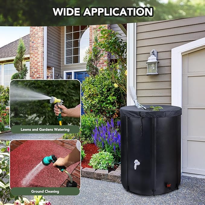 100 Gallon Rain Barrel - Portable Rain Water Collection Barrel - Large Collapsible Water Storage Tank with Spigot Overflow Kit, Black