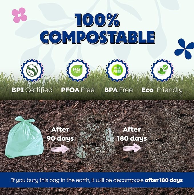 BPI 100% Home Compostable Kitchen Trash Bags, 13 Gallon 1.2 Mil Heavy Duty Unscented Plant Based Bags w/Handles, Tall Biodegradable Garbage, Compost & Food Scrap Waste Can Liners, 35 Ct
