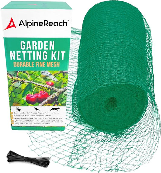 AlpineReach Garden Netting 7.5 x 100 ft Heavy Duty Bird Net, Deer, Plant Protection Extra Strong Woven Mesh, Reusable Kit with Zip Ties, Animal Fencing for Fruits Trees, Green