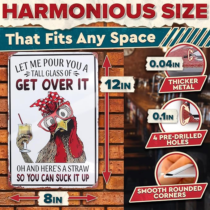Let Me Pour You a Tall Glass of Get Over It Tin Sign 8x12" – Metal Funny Chicken Coop Signs for Outside – Rustic Tin Farmhouse Wall Art & Vintage Funny Kitchen Signs for Kitchen, Barn, or Backyard