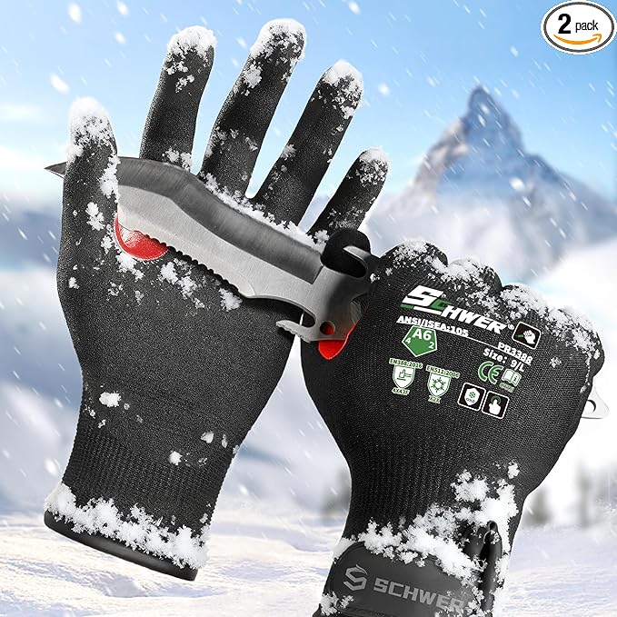 Schwer FreezeGuard Winter Work Gloves for Men and Women, ANSI A6 Cut Resistant Gloves With Super Grip, Freezer Glove for Work, Touchscreen, Thermal Insulated, PR3388, Black Knight (L, 2 Pairs)