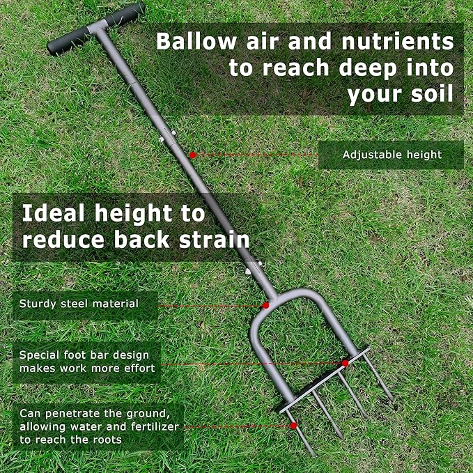 Manual Lawn Aerator for Compacted Soil Aerating - Height Adjustable Handheld Spike Aerator with 4 Steel Tines