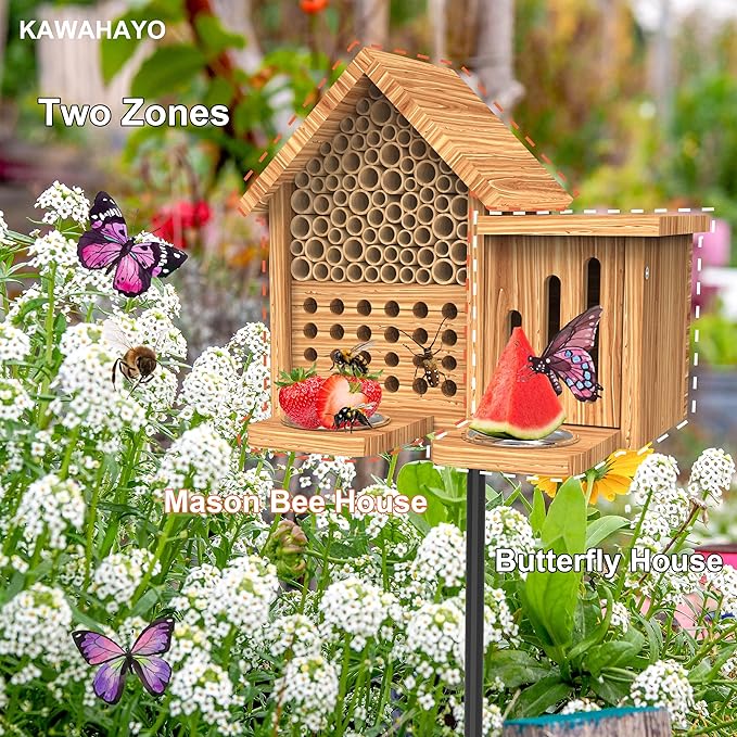 Mason Bee House Wooden Butterfly House with Feeders and Metal Stake, Insect Hotel for Garden Backyard, Natural Handmade Waterproof Bugs House, Attracts Bee, Butterfly, Ladybirds Pollinators