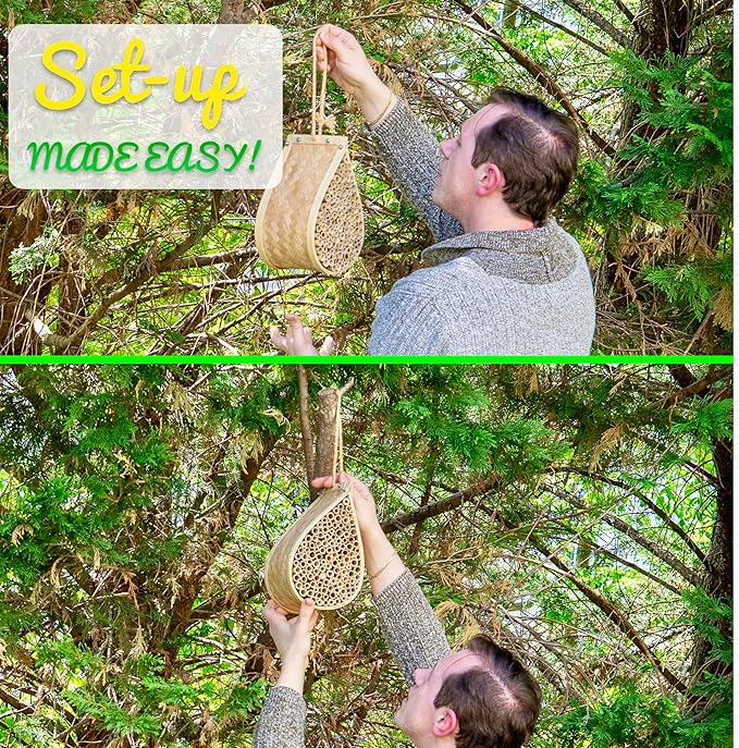 Made Easy Kit Bee House – Attracts Mason & Leafcutter Bees – Natural Bamboo Pollinator Habitat with Jute Rope – Hotel for Garden & Backyard – Eco-Friendly Insect Shelter (Honey Droplet, Large)