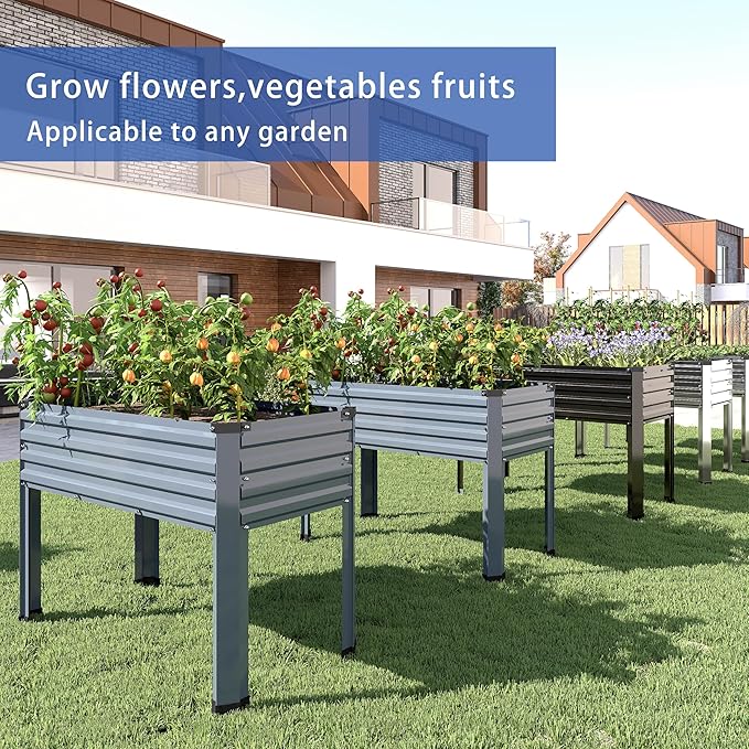 2PCS Galvanized Raised Garden Bed with Legs,2PCS 48×18×30in Elevated Planter Box for Backyard,Outdoor Garden, Patio, Balcony, 300lb Capacity,Silver