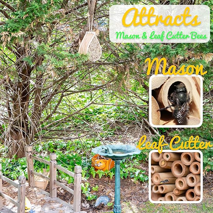 Made Easy Kit Bee House – Attracts Mason & Leafcutter Bees – Natural Bamboo Pollinator Habitat with Jute Rope – Hotel for Garden & Backyard – Eco-Friendly Insect Shelter (Honey Droplet, Large)