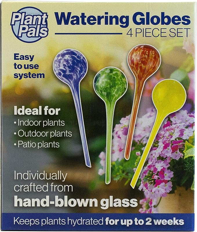 Maxam Wyndham House, 4 Piece Watering Globe Set, Colorful Hand-Blown Glass Plant Watering System